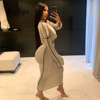 KGFIGU 2 Piece Set Suits Gray casual loose oversize Two Piece Set 2019 Fall Party Women Sets Long sleeve Top and maxi Skirts
